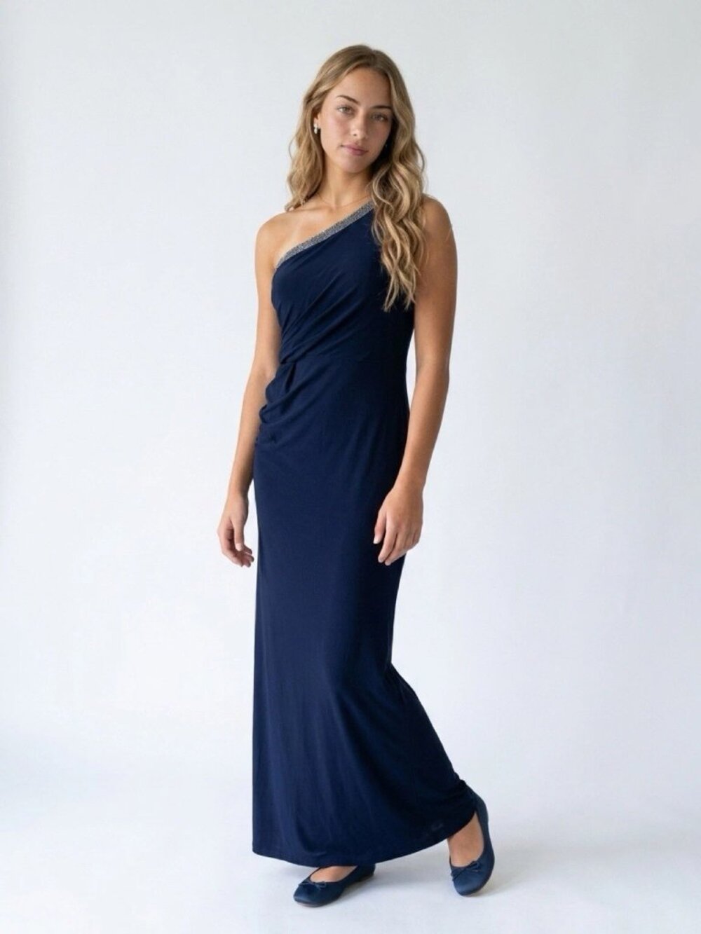 ADRIANNA PAPELL Midnight Blue One Shoulder Ruched Draped Column Maxi Dress Sz 10